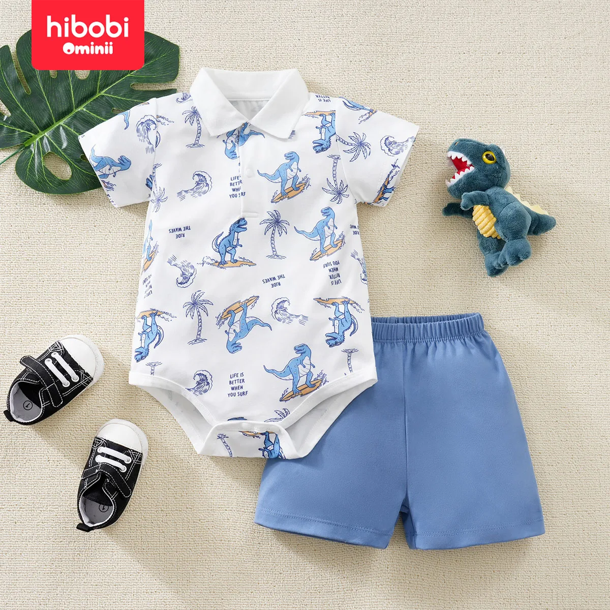 hibobi Summer 2-Piece Baby Boy Short-Sleeved Suit Dinosaur Letter Printed Lapel Casual Crawling Suit Suit For 0-18 Months