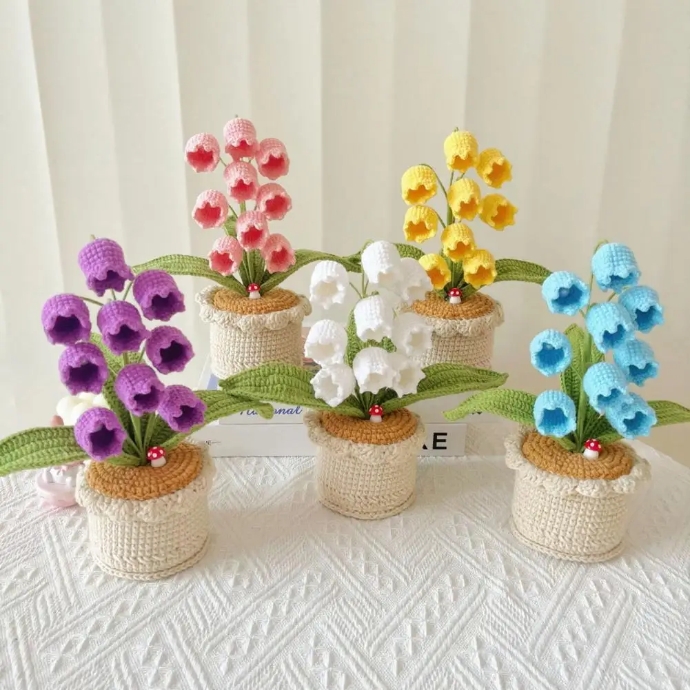 

Crochet Flower Decor Handmade Crocheted Bell Flower Ornament Knitted Potted Floral Decoration Artificial Woven Flower for Home