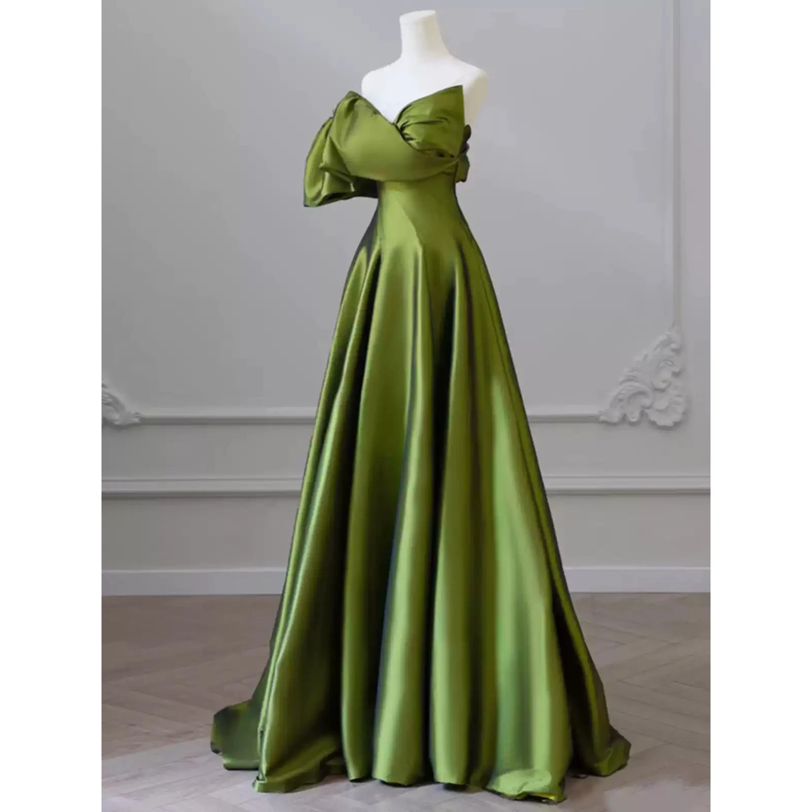 

Elegant Dark Green Evening Dress One Shoulder Side Zipper Sweep Train Elastic Silk like Satin L&P DQL Studio Real Pictures