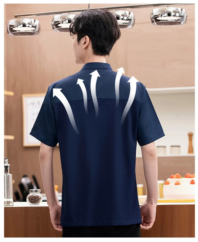 Veste de Chef d'été à manches courtes, manteau de Chef en maille respirante, uniforme noir pour hommes, vêtements de travail de Restaurant, tablier de cuisine avec Logo