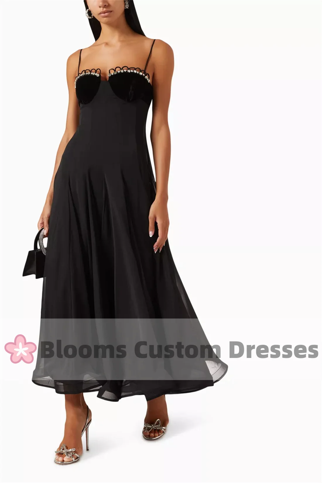 Blooms Spaghetti Straps Customized Prom Dress Shiny Rhinestone Velvet Formal Occasion Gown Chiffon Party Evening Dresses