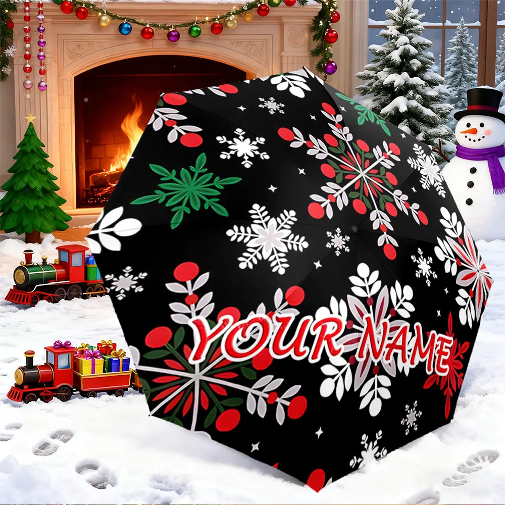 Custom Name Umbrella， Personalized Christmas Snowflake and Berry Design Umbrella ,Portable Folding Umbrella, Christmas Gift
