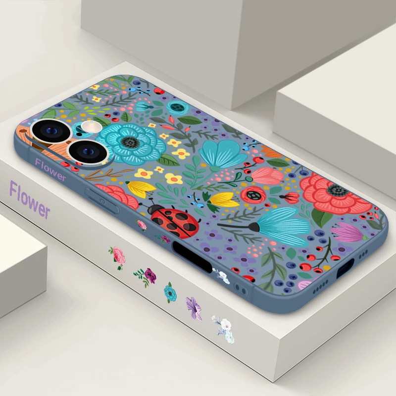 Marienkäfer Blumen Muster Telefon Fall Für iPhone 16 15 14 13 Pro Max 12 16 Pro 16e 11, stoßfest Stoßstange Silikon Soft Cover Funda