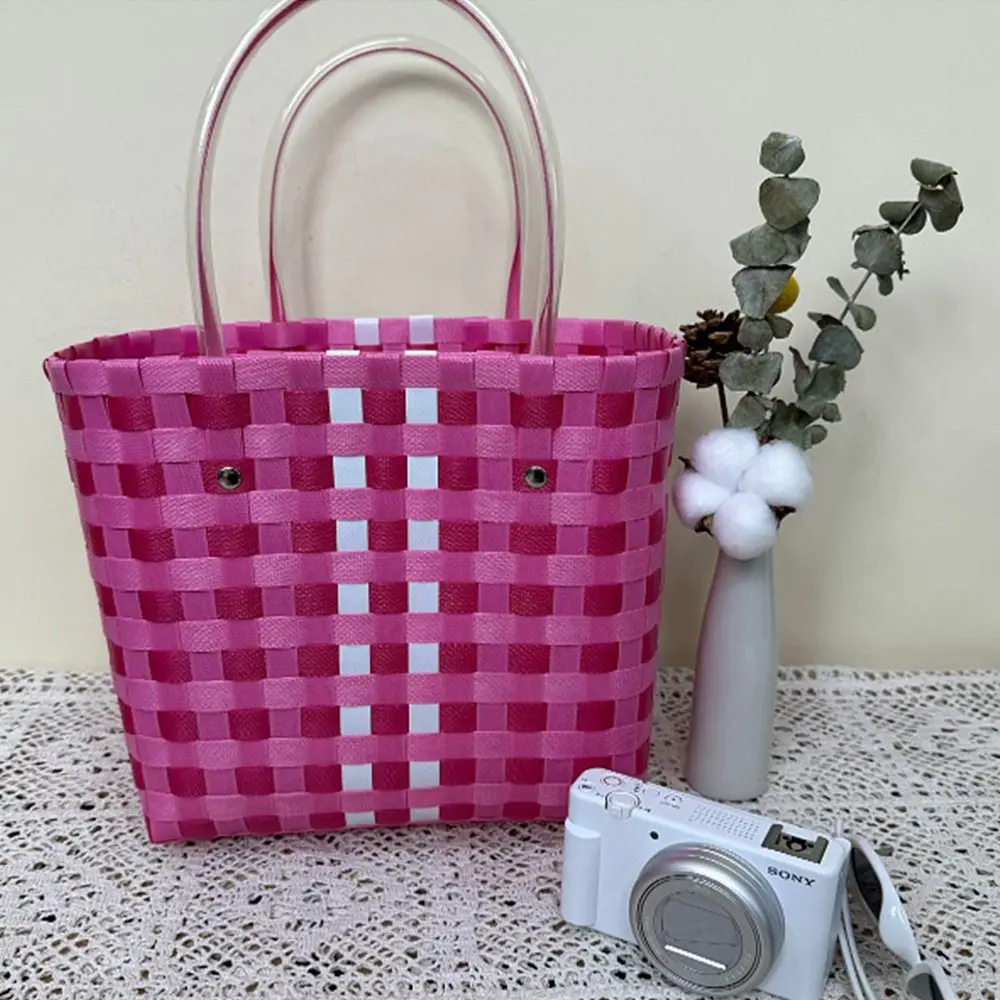 PP Hand Woven Bag New Plastic Hand Woven Basket Bags Carry Handbag Straw Shopping Tote Beach Bag Unisex