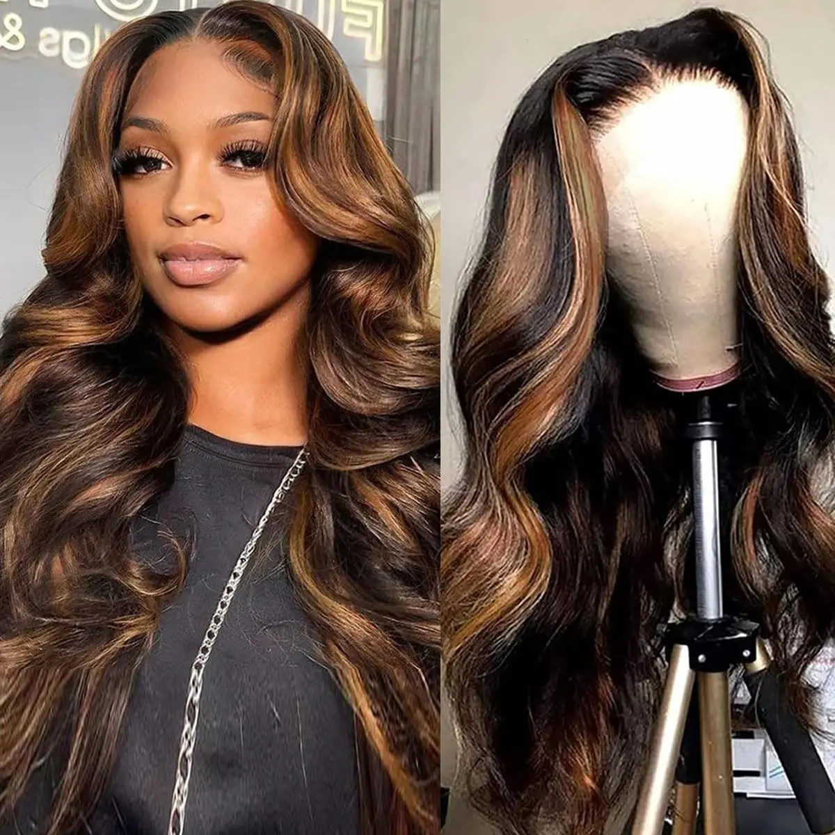 Immagine 3: Parrucche in capelli umani con frontale in pizzo 13x6, colore ombré nero-marrone, pre-strapazzate, 30 pollici, ondulate, per donna.