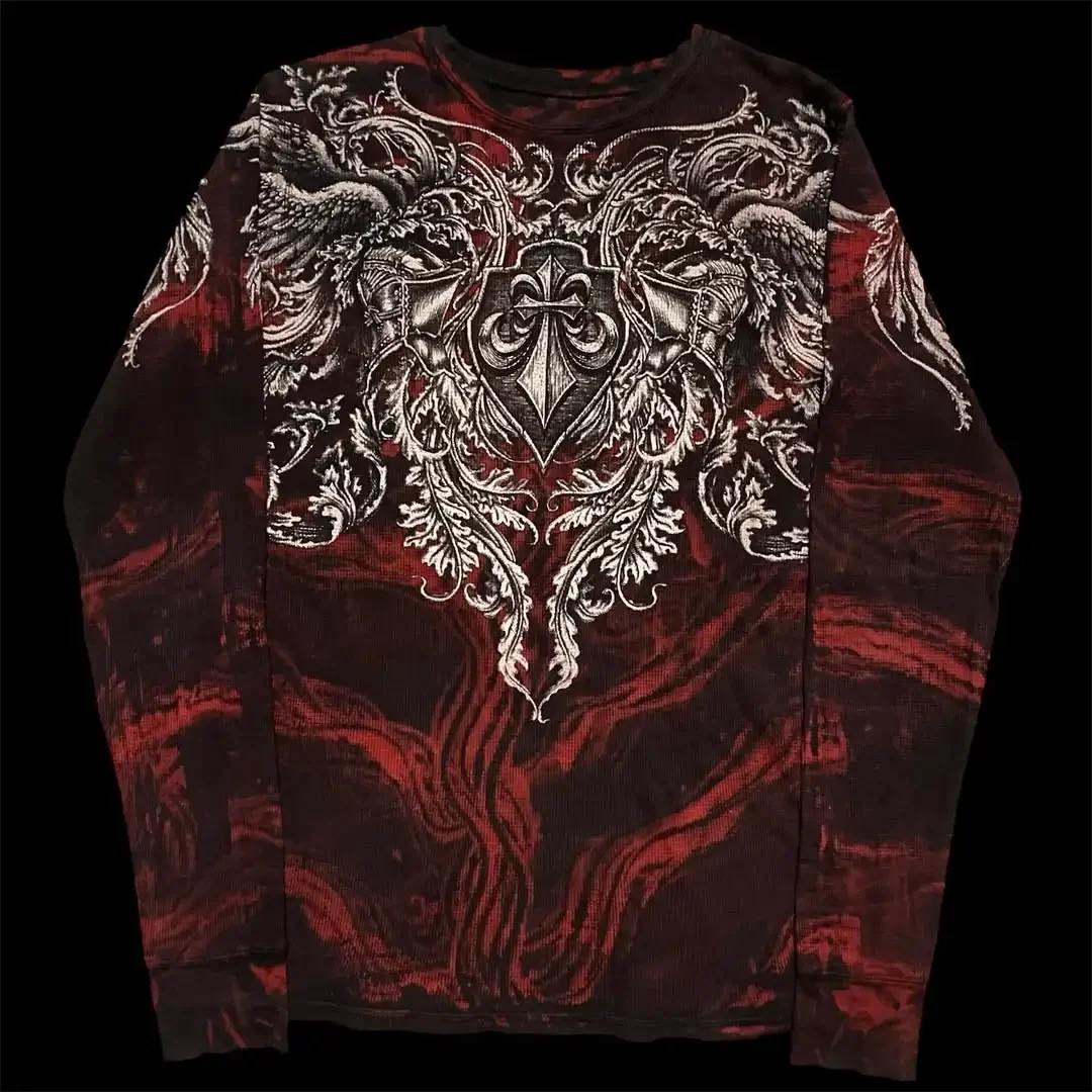 

Y2K Affliction Red Long sleeved T shirt Hip Hop Round Neck Loose shirt Men Casual Gothic Skull Holy Writ Letter Tops Streetwear