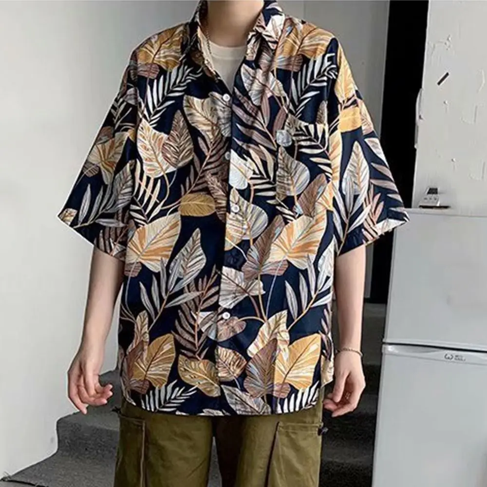 레트로 하와이 스타일 티셔츠 반팔 꽃 프린트 커플 의류 티셔츠 v 넥 다채로운 남여 꽃 블라우스 휴가