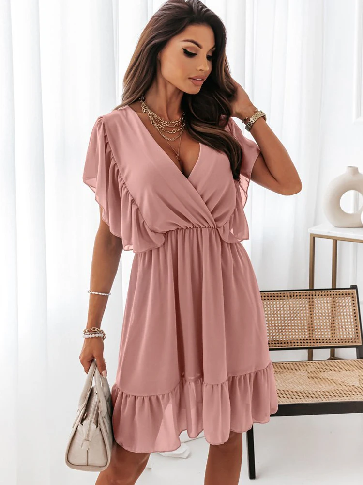 

Elegant Solid Wrap Slim Dresses For Women Summer Casual A-Line Midi Dress Nice Fashion V-Neck Ruffle Beach Party Robe Femme