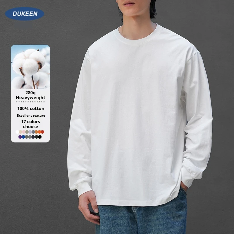 Dukeen 280g Heavyweight Long-Sleeved T-Shirt for Men 100% Cotton Shirts Oversized Solid Color Tops Plain Tees Men's Clothing