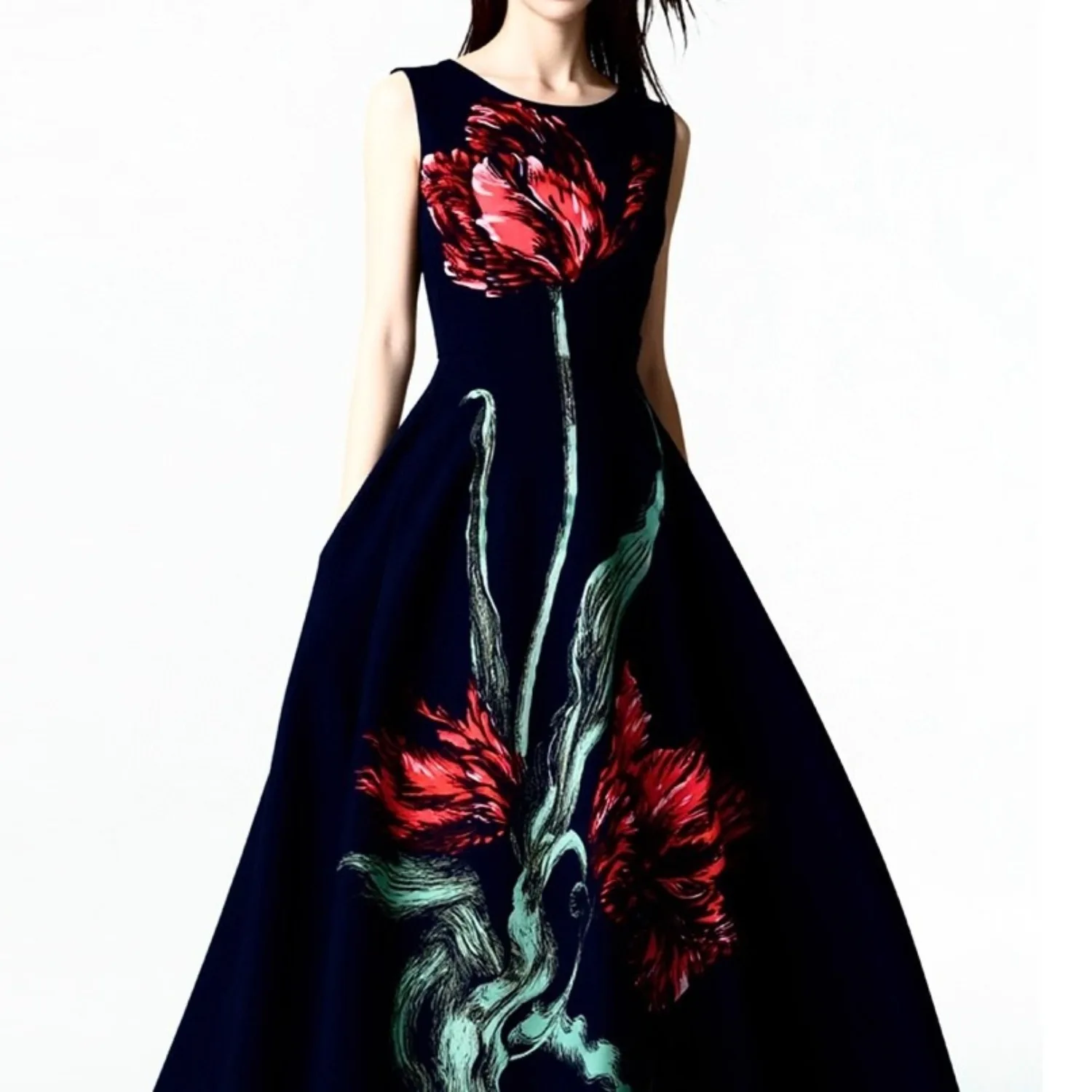 

Элегантное платье без рукавов с цветочным принтом, женское шикарное платье с круглым вырезом и высокой талией, облегающее винтажное вечернее платье, женская одежда