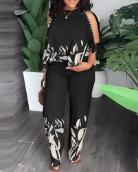 Women Pants Sets Two Piece Round Neck Elastic Waist Wide Leg Pants Print Floral Beading Casual Slight Strech Pullover 2023