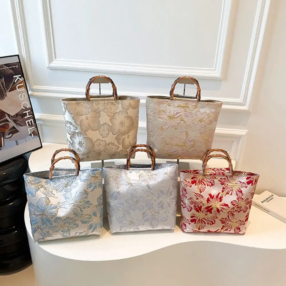 

Bamboo Joint Canvas Tote Bag Large Capacity Embroidered Design Jacquard Handbag Flower Pattern Zipper Closure