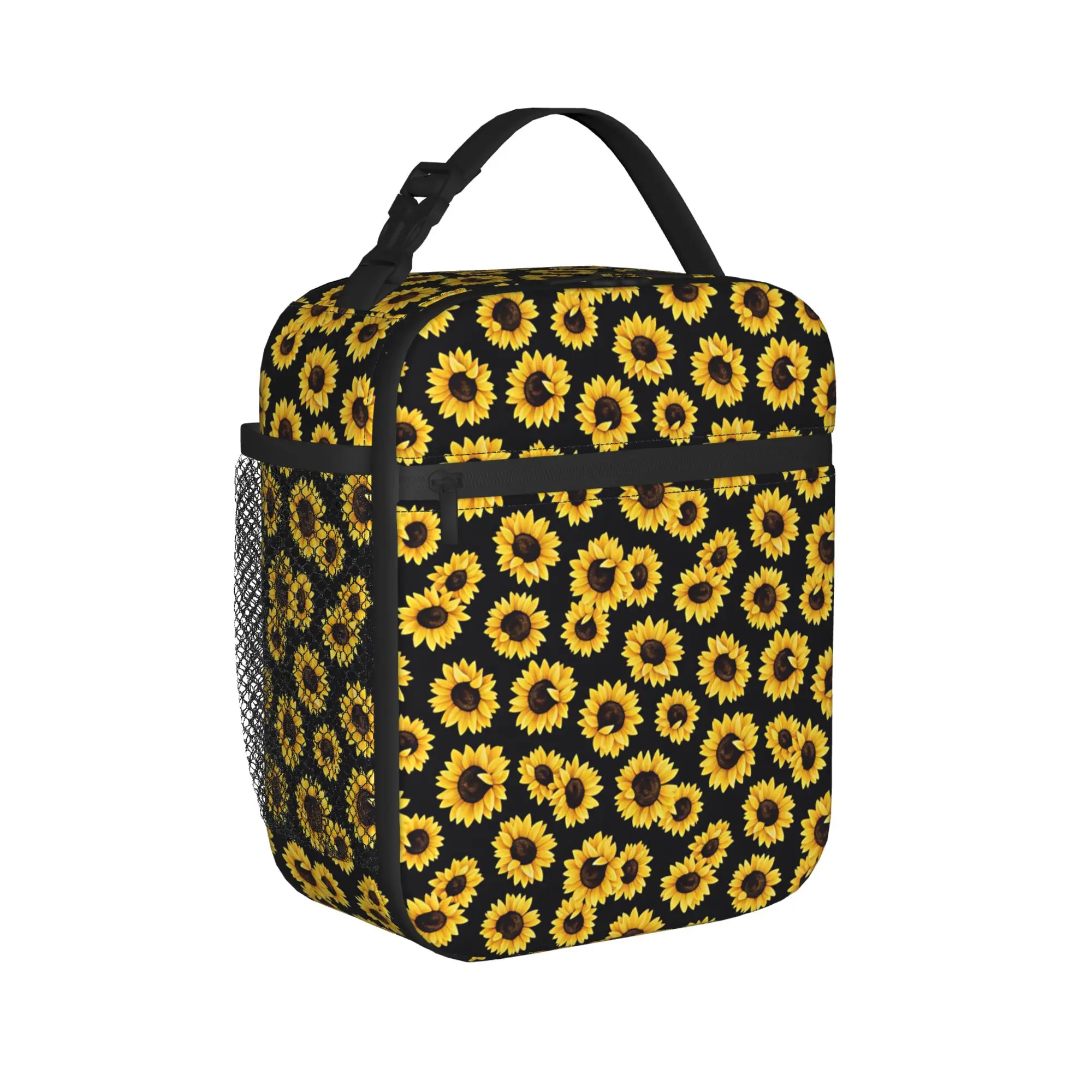 Sunflower Bloom Black Background Lunch Bag  Office Lunch Box For Women  Fun Print Tote Food Bags Waterproof Portable Cooler Bag