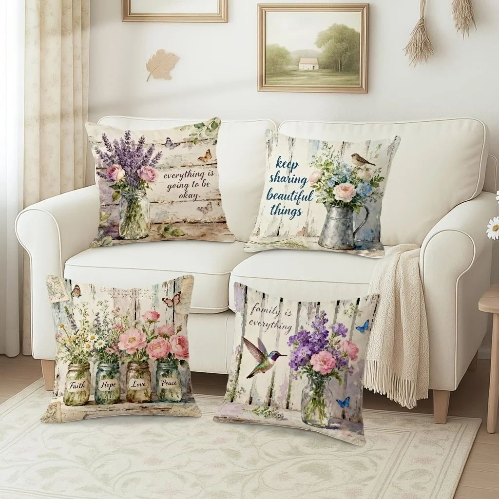 1PC 2D Flat Vintage Watercolor Floral Farmhouse Throw Pillow Covers with Inspirational Quotes No Pillow Core