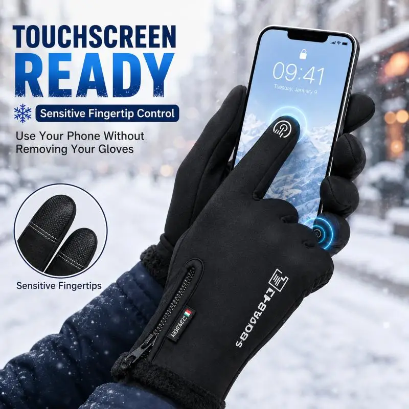 Winter Warm Touchscreen Gloves with Zipper Cuff, Full Finger Gloves for Cycling, Commuting, Driving & Outdoor Activities