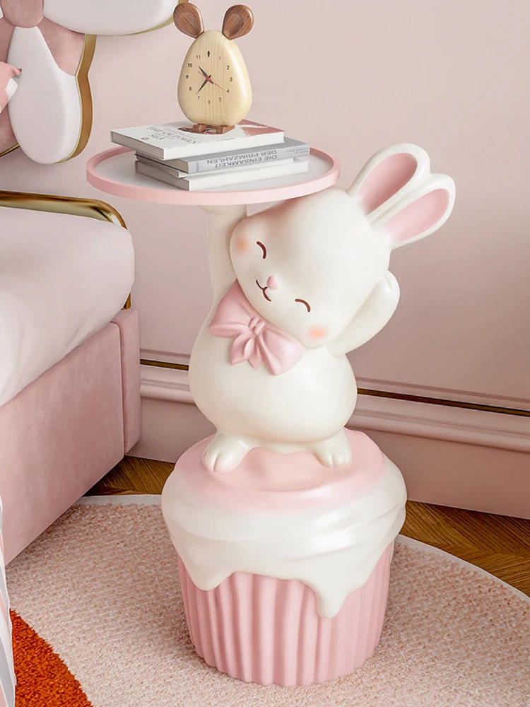 Room Decor Happy Rabbit Statue Floor Tray Ornament Creative Living Room Large Decorative Cartoon Side Table Home Decor Sculpture