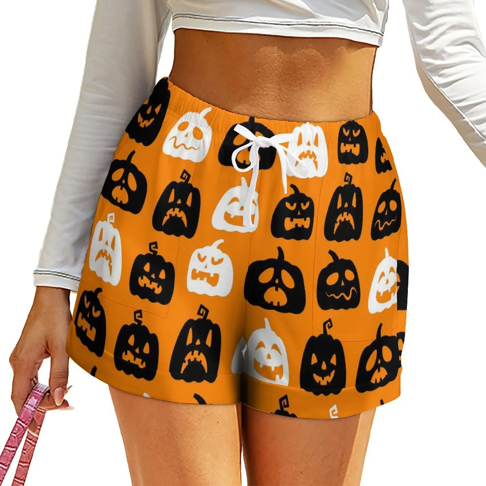 

Happy Haunts Shorts Black White Halloween Pumpkins Oversize Street Wear Shorts High Waist Sexy Short Pants Ladies Design Bottoms