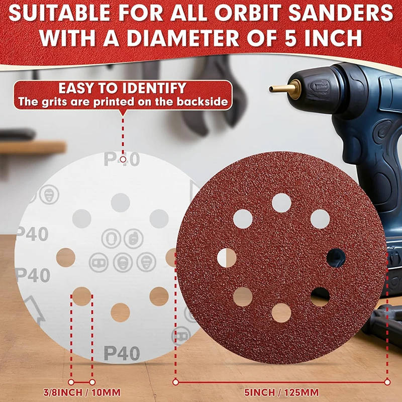 50pcs/100pcs 5 Inch 125mm 8 Hole Hook Loop Sanding Discs Sandpaper 60 120 180 240 400 Grits Sand Paper For Random Orbital Sander