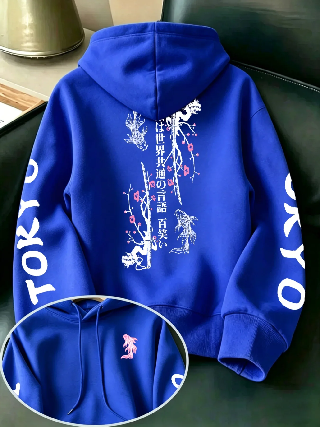 Men's Loose Fit Hoodie Japanese  Carp Samurai Sword Cherry Blossom Print HoodedTokyo Sleeve Letter Graphic Street Style Hoodie