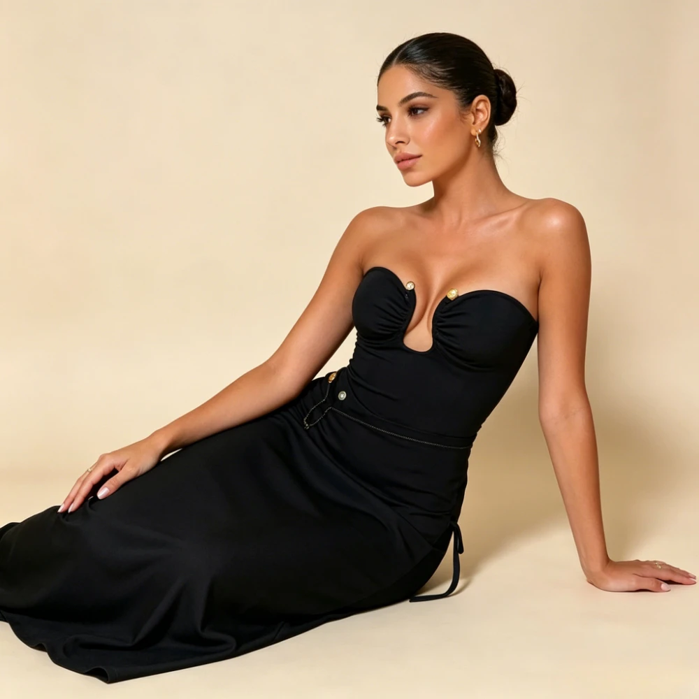 2PCS Strapless Cutout One Piece Swimsuit Gold Button Decor High Split Sheer Mesh Wrap Skirt Cover Up Beach Bathing Suit Swimwear