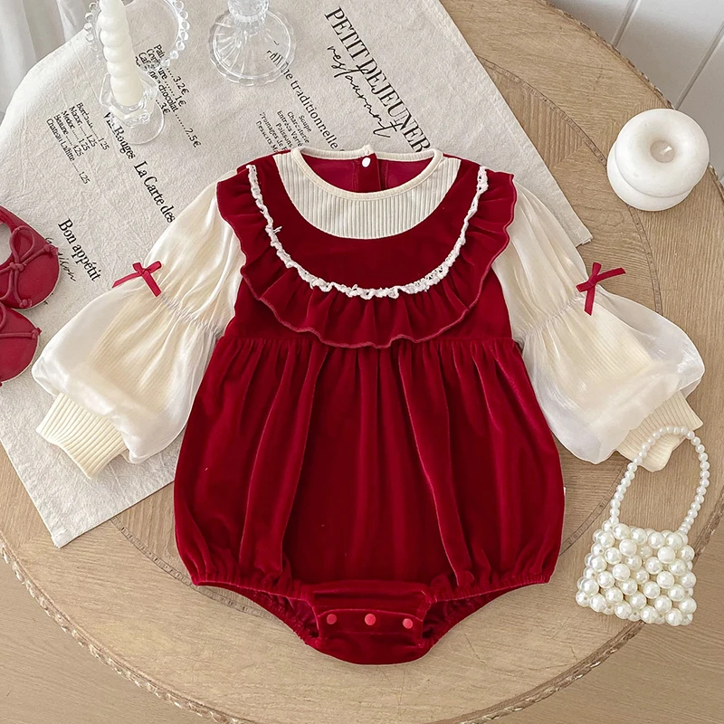 2025 New Autumn 0-24M Children Clothes Christmas Toddler Baby Girls Romper Long Sleeved Splicing Korean Style Climbing Suit