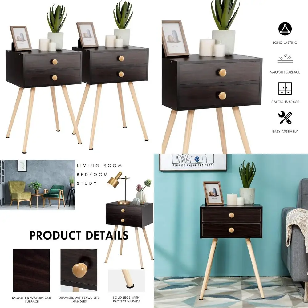 

Современные тумбочки середины века с 2 ящиками, ножки из массива дерева, компактные прикроватные тумбочки для небольших помещений, стильный набор тумбочек
