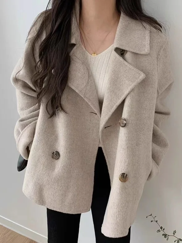 

Retro Sle Women's Woolen Suit Jaet Double Breasted Loose Fit ort Coat Warm All Seasons Versatile Autumn Winter Outerwear