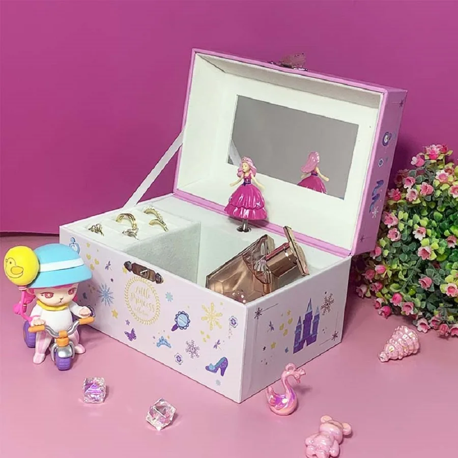 Hot New Arrival Blue Unicorn Rotating Horse Music Jewelry Box HD Mirror Velvet Lining Split Storage Perfect Birthday Xmas Holida