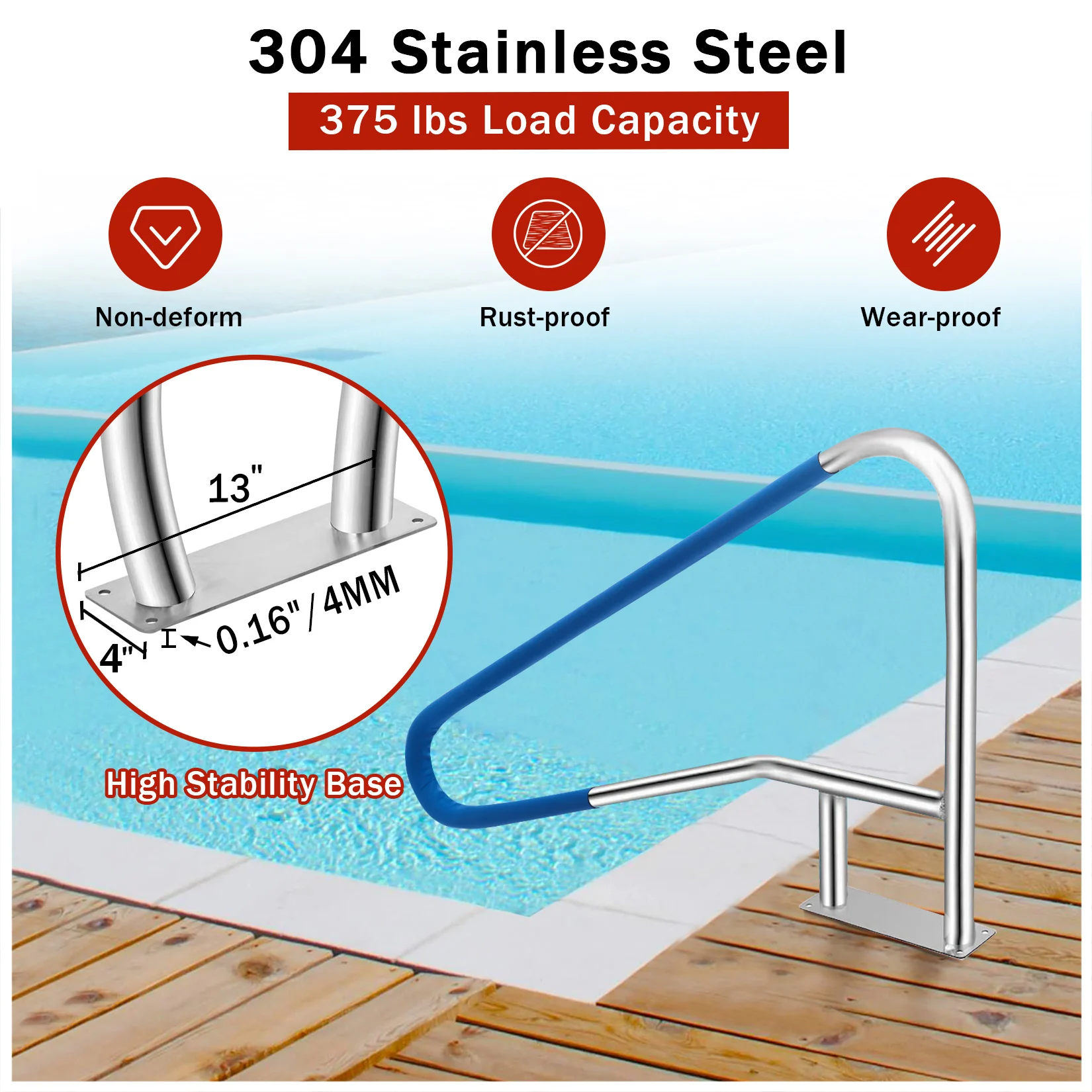 Heavy Duty Pool Handrail for Inground Swimming Pools – 304 Stainless Steel, 375 lbs Load, Non-Slip Blue Grip, Quick Mount Safety Rail – All-purpose Fit
