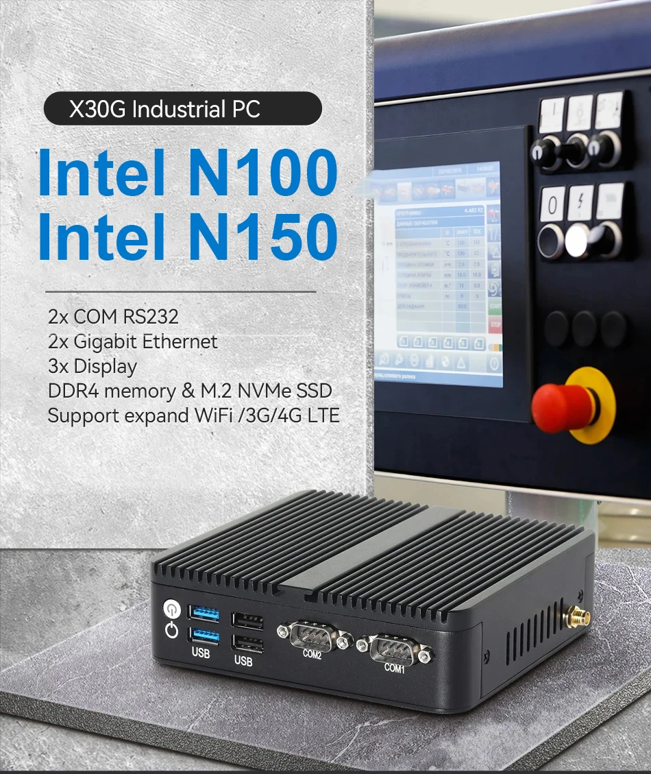 Intel N150 Mini Industrial PC 2x Serial Ports RS232 2x Gigabit Ethernet 2x HDMI 1xDP Support 3 Screens Display Win10/11 Linux