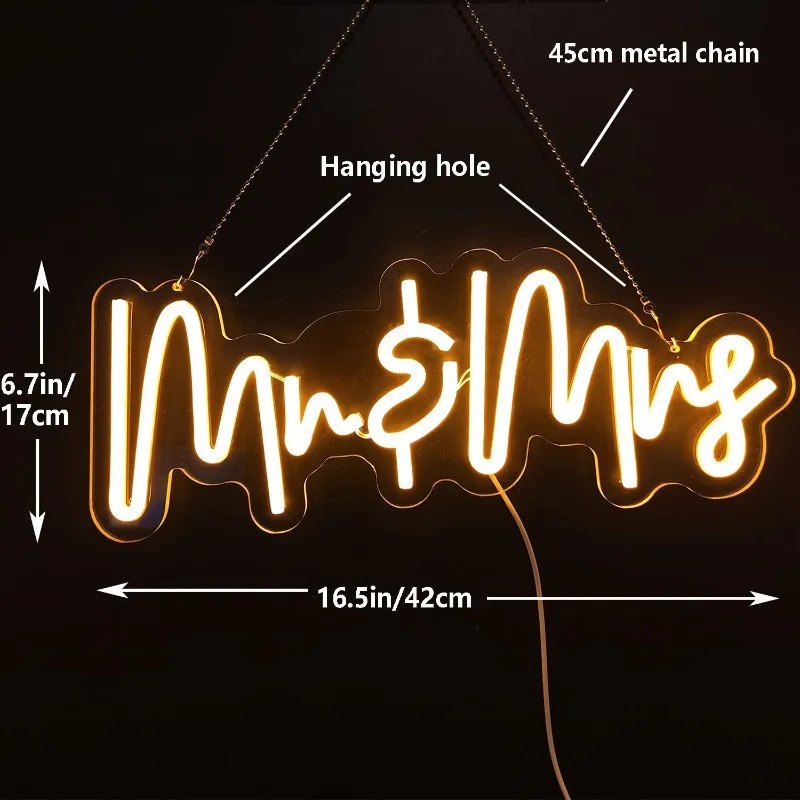 Mr and Mrs Neon Sign Dimmable LED Party Wall Decor, Branco Quente, Presente De Casamento, Aniversário, Dia Dos Namorados, Menina, USB, 16.5 "x 6.7", 5V