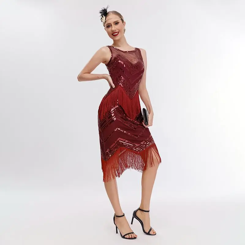 Fringe Vest Dress 1920 Flapper Cocktail Ball Sequin Beaded Evening Dress Charleston Dance Dress Great Gatsby Cosplay Costume