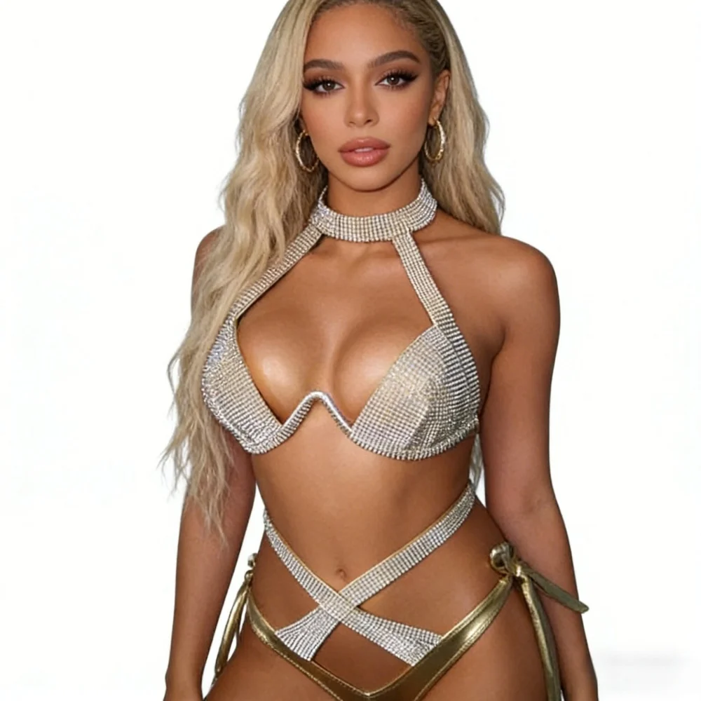 

Silver Rhinestones Bikini Set Women DJ Pole Dancing Costume Models Catwalk Party Show Diamond Bra Shots Outfit Stage Costume