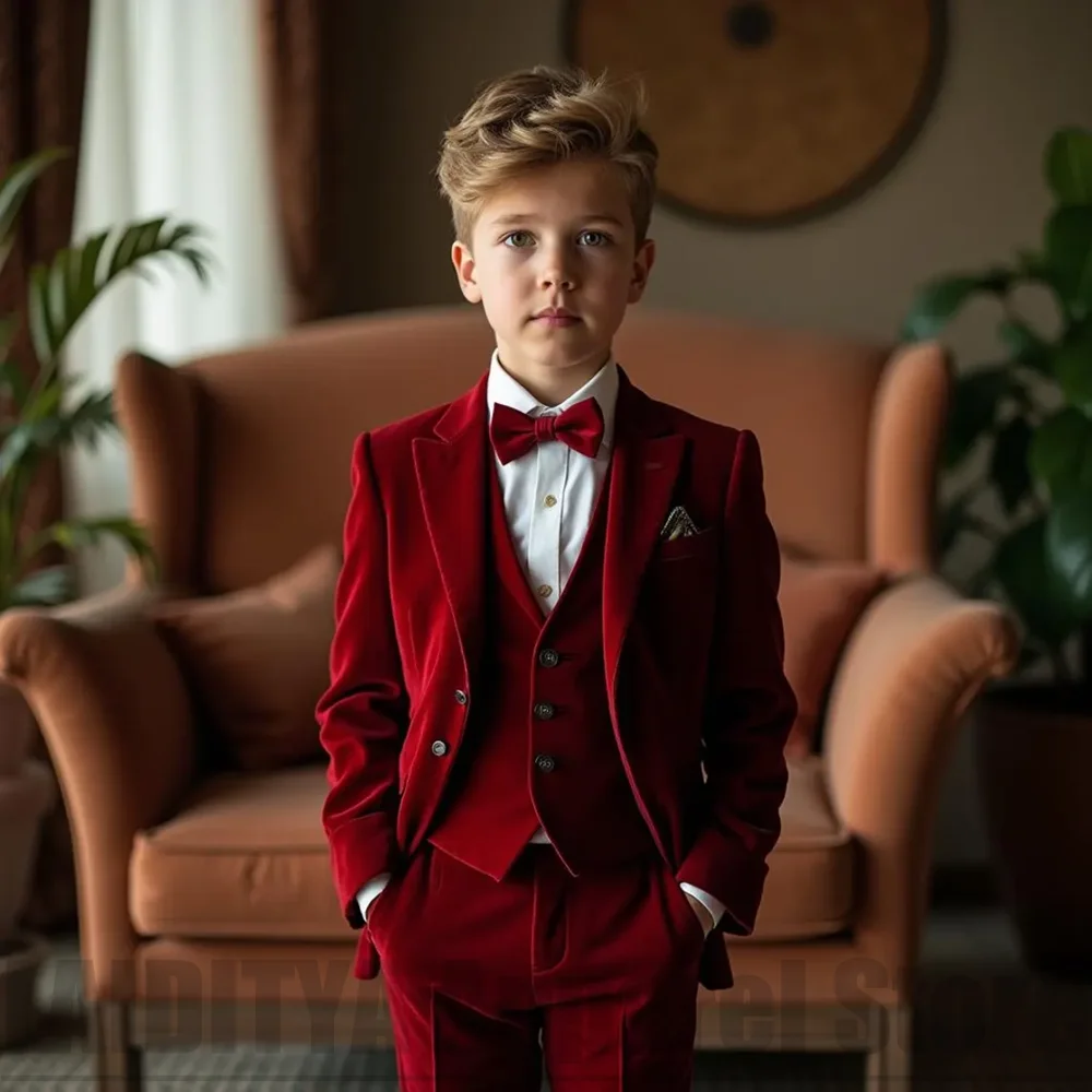 Chic Velvet Boys Suit Three Piece Fashion Single Breasted Daily Casual Wear Kids Evening Wedding Page Boy Party Formal Tuxedo