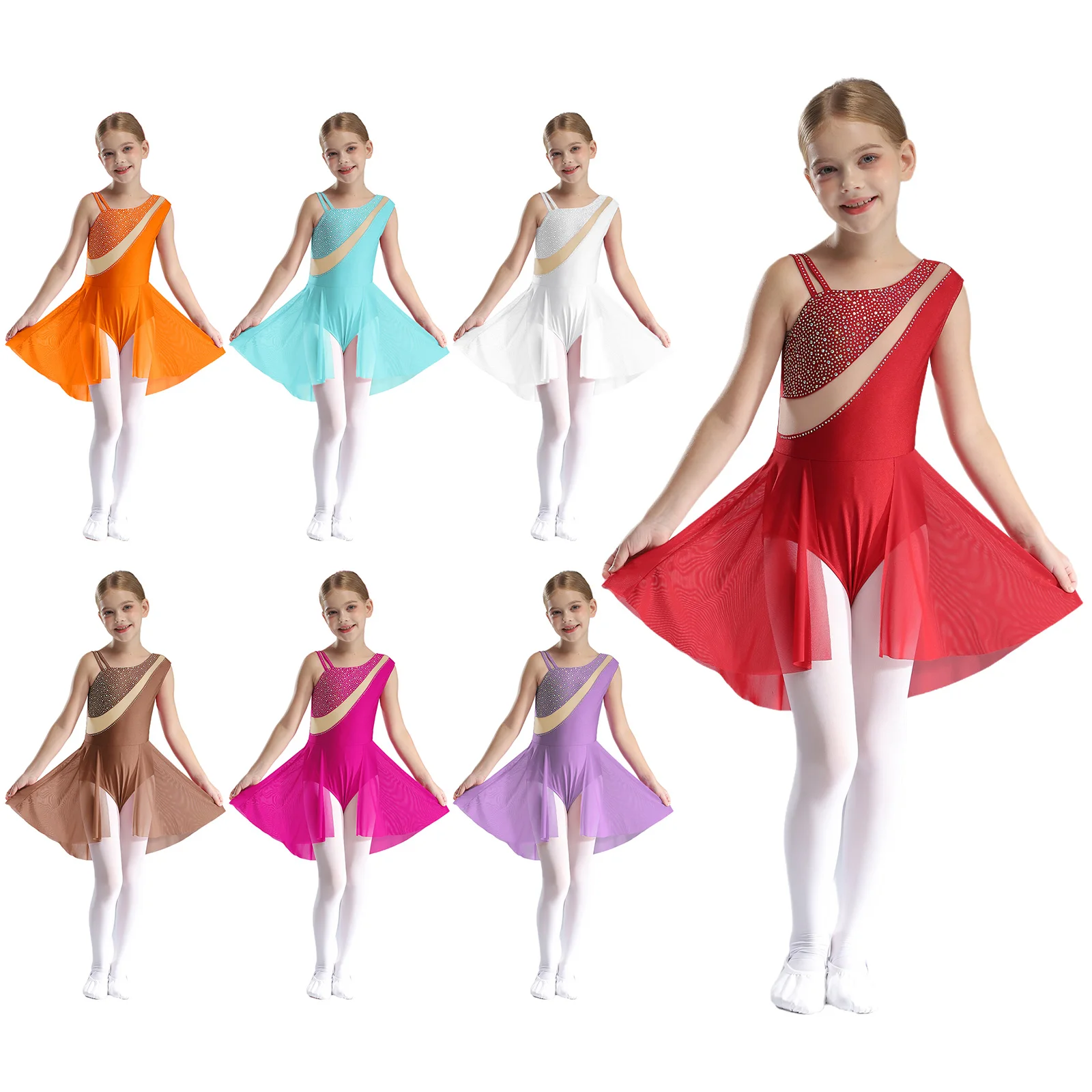 Kids Girls Lyrical Dance Costume Figure Skating Ballet Gymnastics Acrobatics Leotard Dress Sheer Mesh Shiny Rhinestone Bodysuit