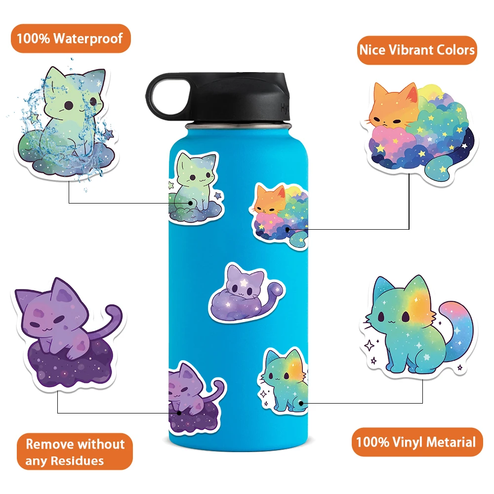 50PCS Cute Starry Sky Cat PVC Sticker DIY Aesthetic Chidlren\'s Stationery Vinyl Decoration Scrapbooking School Supplies for Kids