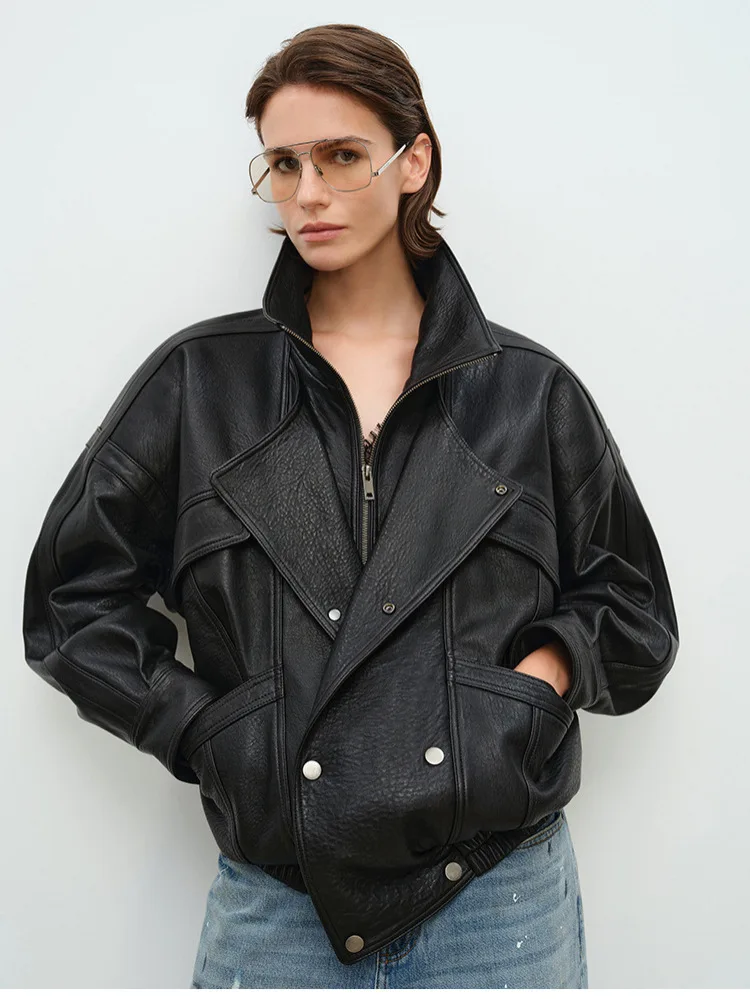 Trench da donna in pelle, pelle retrò in pelle di pecora importata, risvolto a doppio strato, linea divisoria, giacca in pelle silhouette