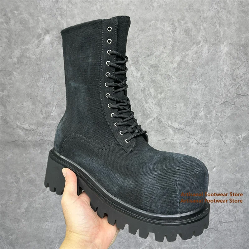 سميكة سوليد حذاء من الجلد الرجال دراجة نارية الأحذية السوداء الدنيم الارتفاع زيادة الأحذية الجلدية مصمم العصرية اليدوية الرجال الأحذية