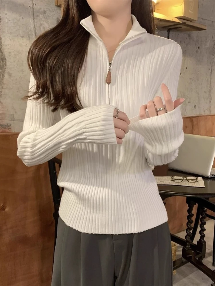 خمر جديد سليم كم طويل رقيقة تريكو المرأة الخريف الدافئة عادية شيك مطاطا سترة تصميم الرجعية هيبورن متماسكة البلوز 2025