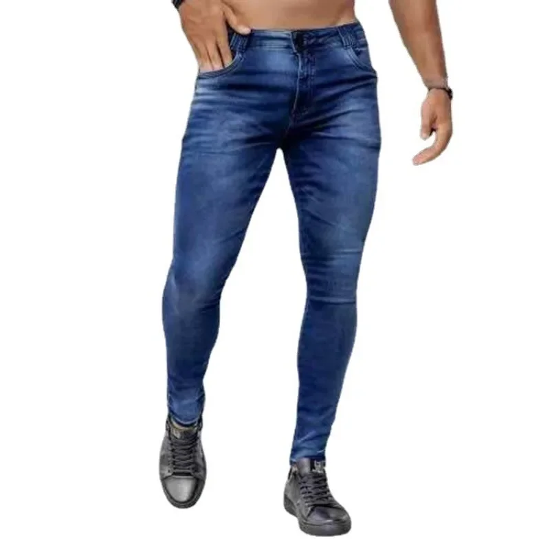 Novo denim calças masculinas tendência preto fino calças jeans de cintura alta