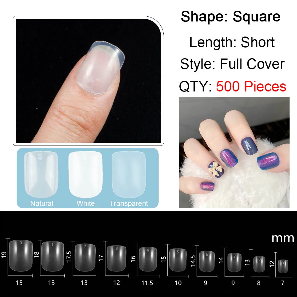 Square XS Short 500pcs/pack False Nail Tips 500 Pieces Small Fake Nail Tips 10 Sizes Press-on Nails Short Full Cover