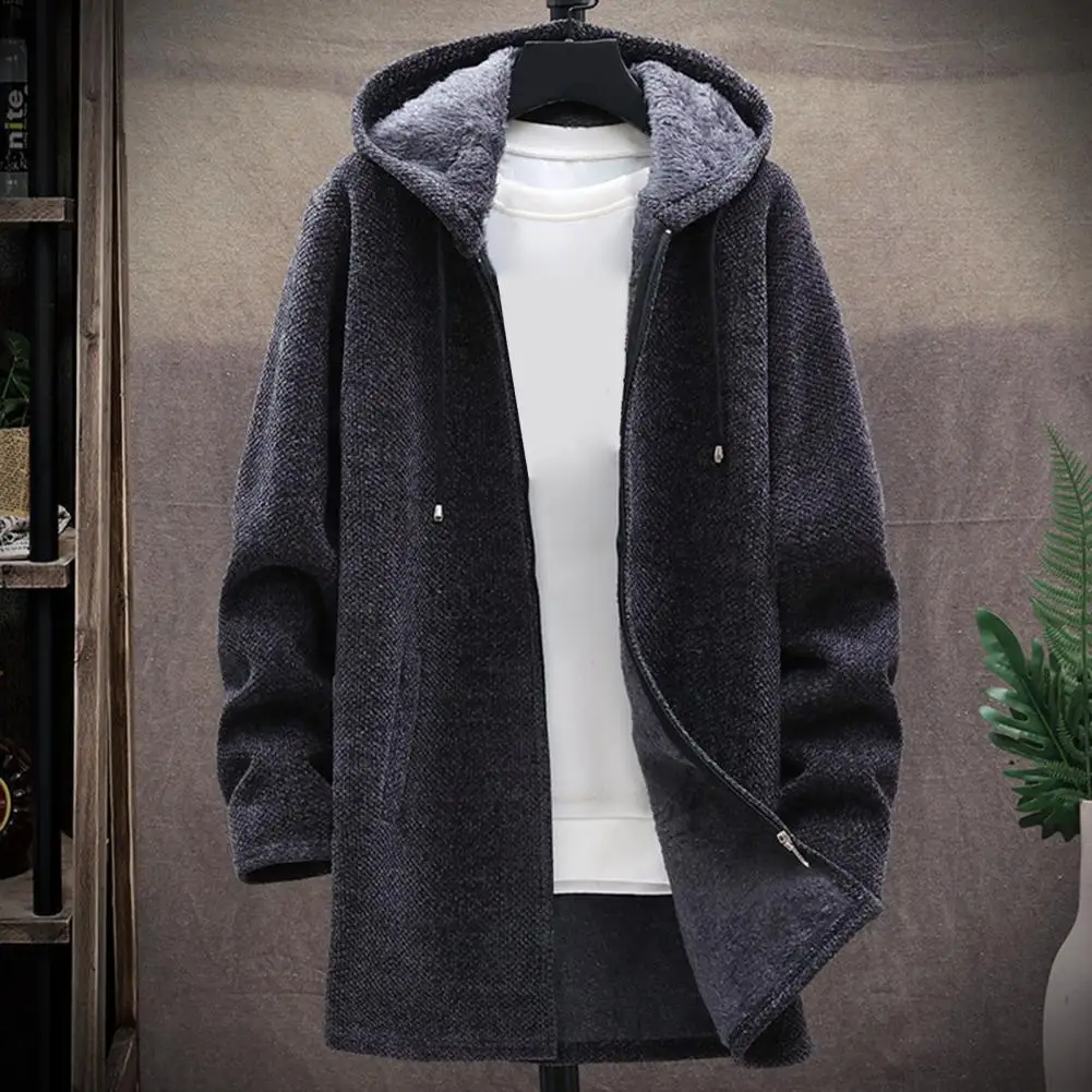 Cappotto invernale da uomo con cappuccio e coulisse, manica lunga, fodera in peluche, cappotto in maglia di media lunghezza, abbottonatura con cerniera, maglieria ispessita