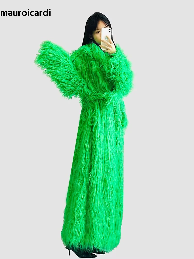 Mauroicardi Winter Extra Long Oversized Bright Green Colored Hairy Thick Warm Soft Shaggy Faux Mongolian Fur Coat Women Sashes