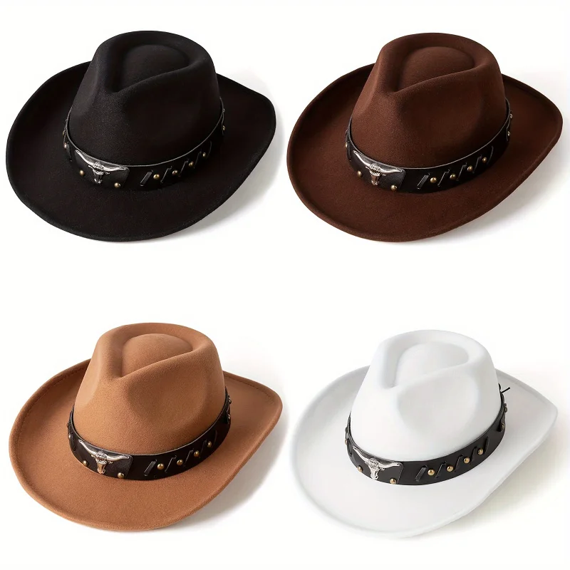 

Western cowboy hat, men's and women's classic wide-brimmed cowboy hat, silver bull head belt buckle, suitable for party cosplay,