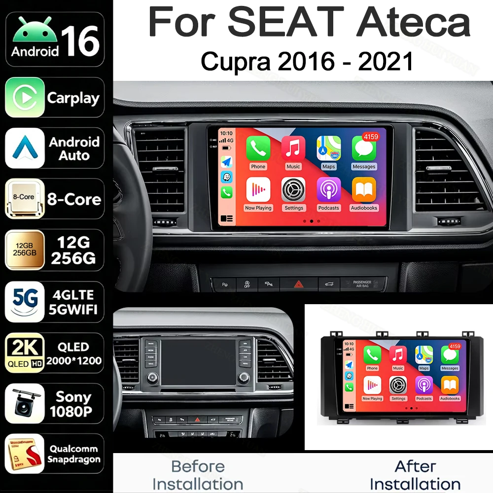 Android 16 For Seat Ateca Cupra 2016 - 2023 2K QLED Android Car Radio Multimedia Video Player GPS AI Voice CarPlay 4G Stereo