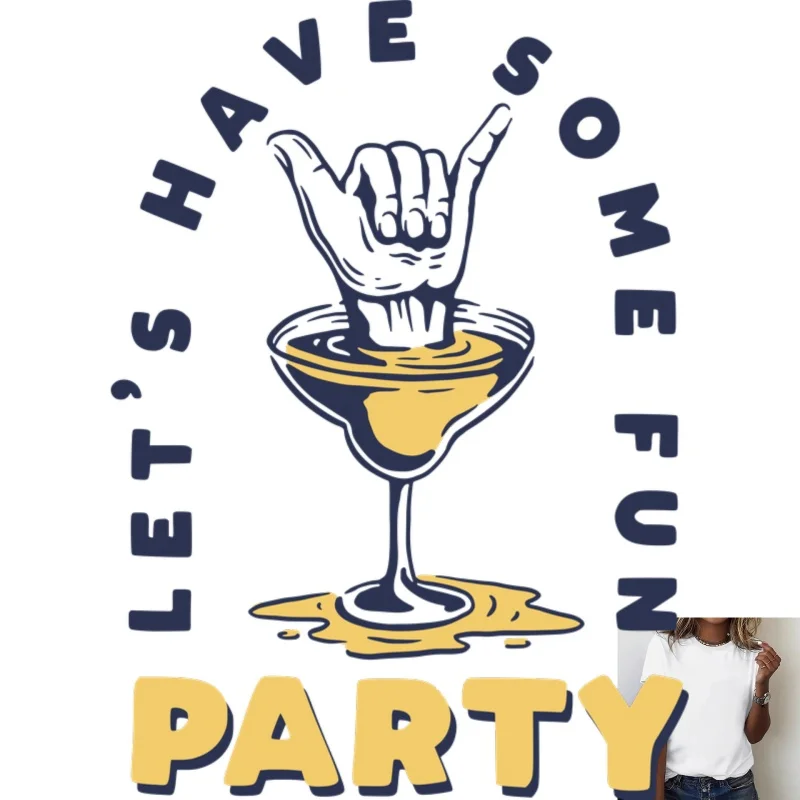 Party Fun Wine Glass Hand Gesture Heat Transfer White Ink Iron - on, Suitable for T - shirts/Canvas Bags/Clothes, Casual Party