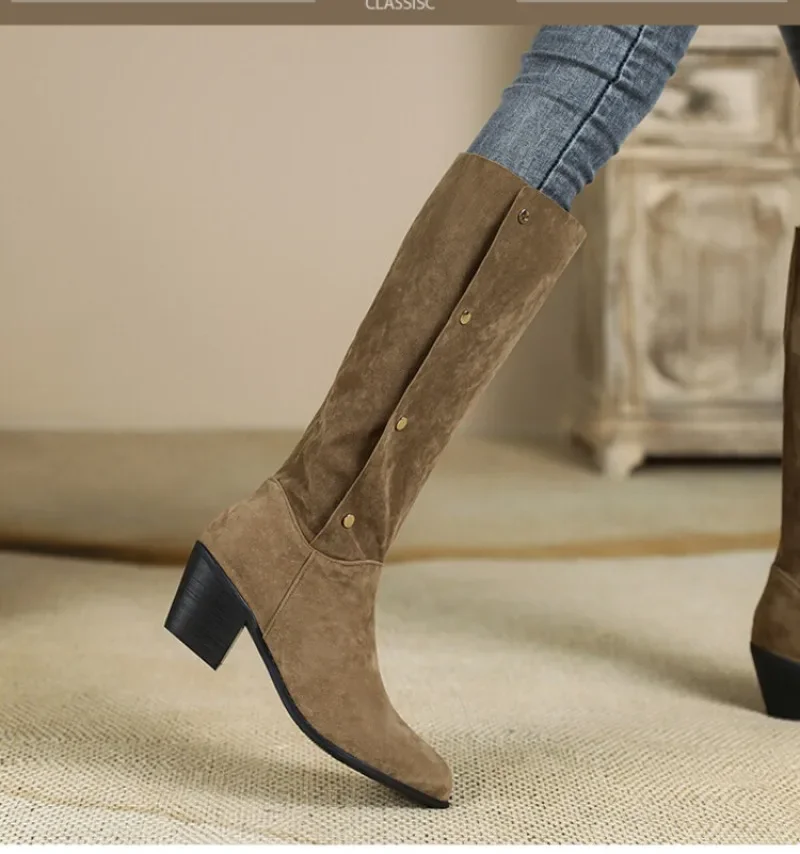 Autumn and Winter New styles fashion High heels Women's boots Solid flock Pointed toe Button Square heel boots women high 6cm