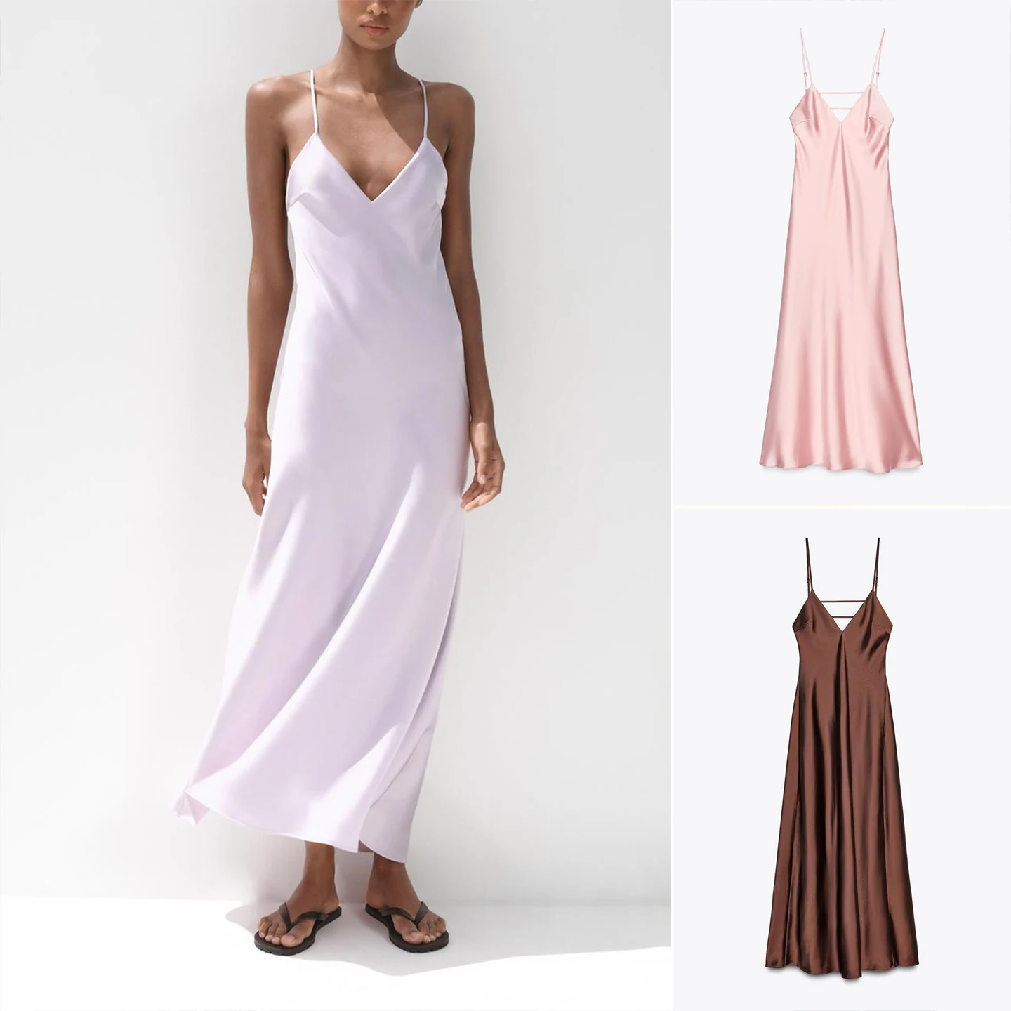 夏の女性用Vネックシルクサテンミディ丈ロングドレス、ハイウエスト、無地、通勤、カジュアル、シングルピース