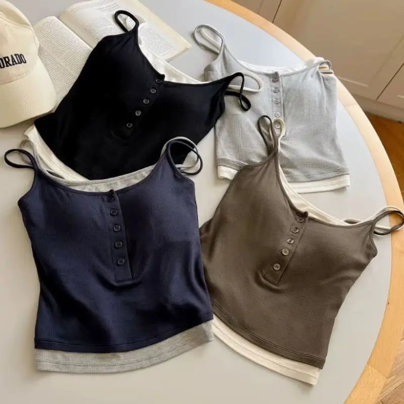 Summer Spaghetti Strap Tank Top Sexy Women's Fake Two-Piece Ribbed Knit Camisole Pure Buttoned Slimming Crop Top With Chest Pad