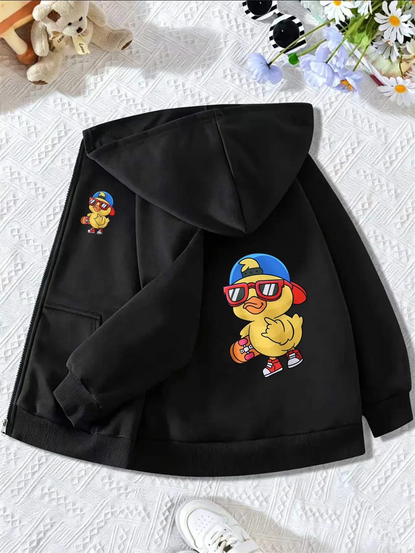 Black Zip Up Hoodie Side Mini Cool Skateboard Duck Print Back Large Cartoon Sunglasses Duck Graphic Casual Street Sweatshirt